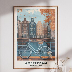 Amsterdam Travel Poster - Vintage Netherlands Print, Bicycle Wall Art, Dutch Canal Scene, Aesthetic Cityscape Decor