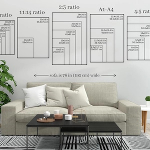 May include: Image showing various print sizes in inches and centimeters, including 3:4, 11:14, 2:3, A1-A4, and 4:5 ratios. The sofa is 76 inches (193 cm) wide. The image is displayed in a room with a sofa, coffee table, and a plant.
