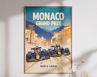 Può includere: Un poster incorniciato con un'illustrazione in stile vintage del Gran Premio di Monaco. L'opera raffigura due auto da corsa che sfrecciano a Monte Carlo, con il testo "MONACO GRAND PRIX" e "MONTE CARLO" in evidenza.