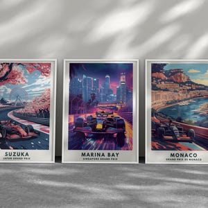 May include: Three framed art prints featuring Formula 1 race cars on tracks. The prints showcase Suzuka, Marina Bay, and Monaco, with vibrant colors and detailed illustrations. Each print includes the race location and Grand Prix.