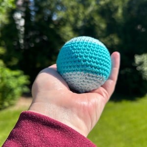 May include: A small, crocheted ball in shades of blue and white. The ball is held in a hand, with a blurred green background of trees and grass. The ball is likely a toy or decorative item.