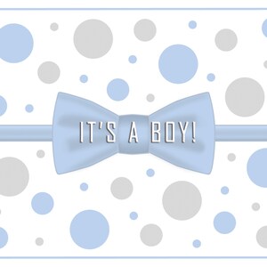 Faire-part, carte, faire-part de naissance, c'est un garçon, noeud papillon, baby shower, pois, bleu, gris, imprimable, téléchargement immédiat.