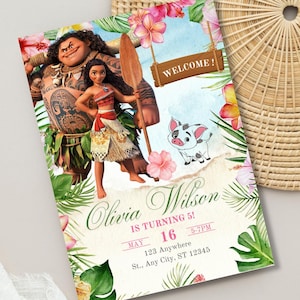 May include: A colorful invitation featuring characters from a popular animated movie. The invitation includes the text "Olivia Wilson is turning 5!" with the date, time, and location details. Tropical flowers and foliage frame the design.
