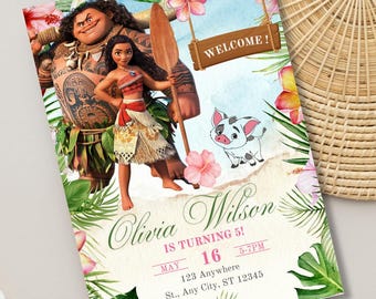 Editable Mona Birthday Invitation , Kids Theme Party Invitation Template ,Digital Hawaiian Mo ana Birthday Invite , Instant Download