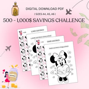 Sfida di risparmio, Tracker di risparmio di denaro, Planner di risparmio stampabile, Tracker di budget, Tracker di risparmio, Dimensioni del fondo di ammortamento A6, A5, A4, Minnie Mouse