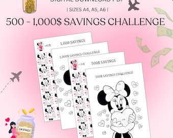 Savings Challenge, Money Saving Tracker Printable Saving Planner Budget Tracker,Savings Trackers,Sinking Fund sizes A6,A5,A4, Minnie Mouse