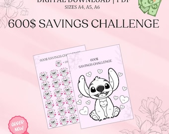 Savings Challenge, Money Saving Tracker Printable Saving Planner Budget Tracker,Savings Trackers,Sinking Fund sizes A6,A5,A4 Lilo and Stitch