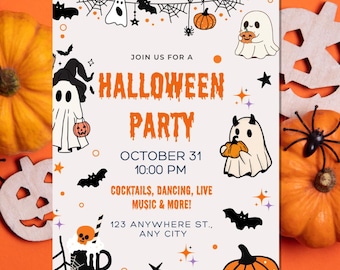 Peut inclure: Une carte d'invitation rectangulaire pour une fête d'Halloween sur fond blanc, avec des illustrations orange et noires de fantômes, citrouilles, chauves-souris et toiles d'araignée. Le texte indique : JOIN US FOR A HALLOWEEN PARTY, OCTOBER 31, 10:00 PM, COCKTAILS, DANCING, LIVE MUSIC & MORE!, 123 ANYWHERE ST., ANY CITY.