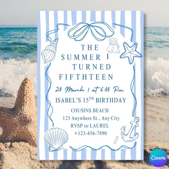 The Summer I Turned Pretty Birthday Invitation - Digital Download - Coastal Birthday Invitation  - Editable beach party invite - Ocean Theme
