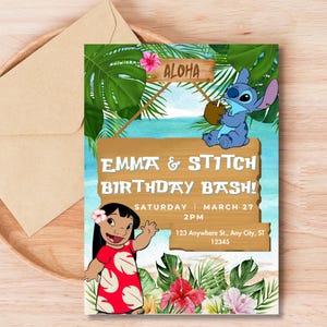 Convite personalizado editável e editável do Stitch, convite de aniversário da Lilo e do Stitch, modelo para festa do Stitch para impressão, aniversariante digital do Stitch
