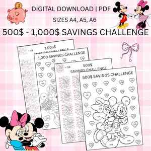 Savings Challenge,Vacation Savings Challenge ColoringSaving Tracker Sinking Fund,Vacation Fund A6 A5 A4 100 Envelope Challenge,minnie mickey