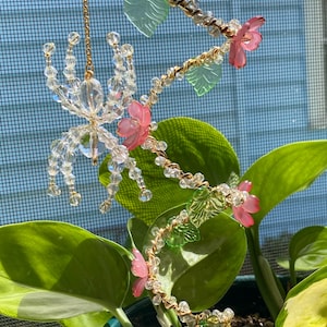 Crystal Beaded Spider Plant Stake Suncatcher: Cherry Blossom Flowers, Indoor Plant Accessory Dark Pink
