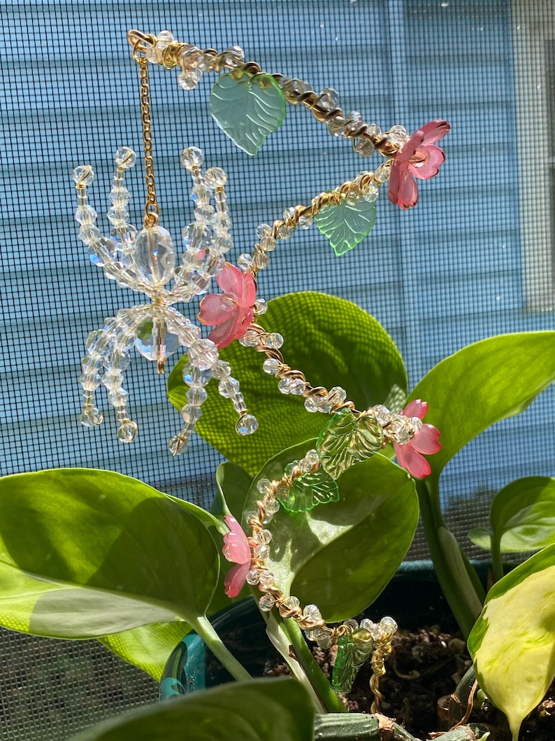 Crystal Beaded Spider Plant Stake Suncatcher: Cherry Blossom Flowers, Indoor Plant Accessory Dark Pink