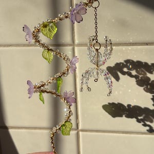 Crystal Beaded Spider Plant Stake Suncatcher: Cherry Blossom Flowers, Indoor Plant Accessory Light Purple