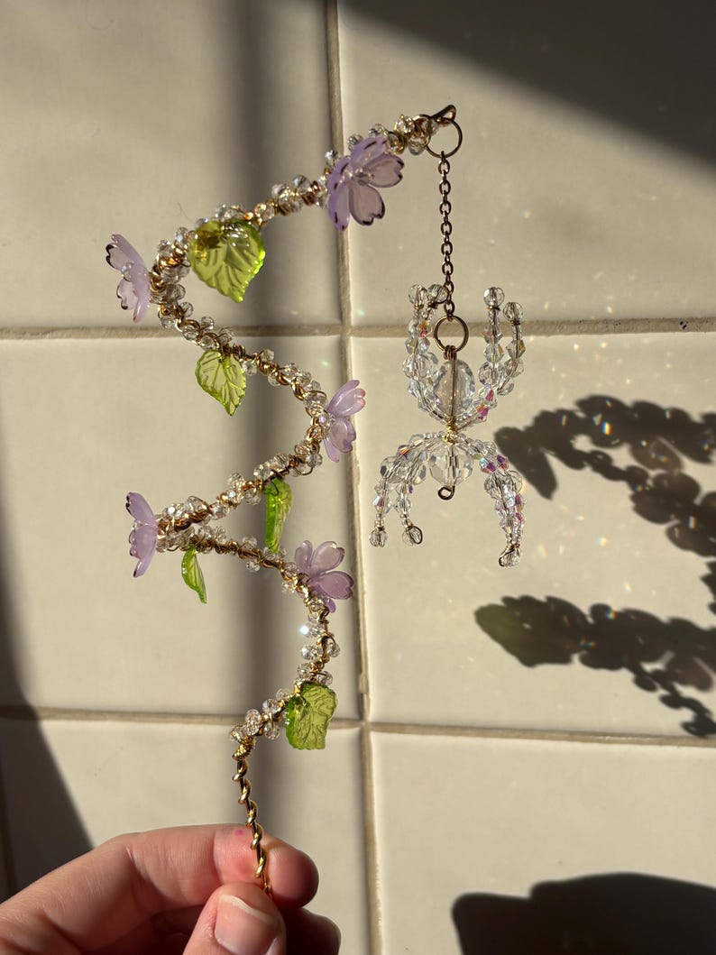 Crystal Beaded Spider Plant Stake Suncatcher: Cherry Blossom Flowers, Indoor Plant Accessory Light Purple