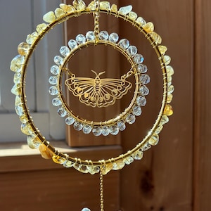 Citrine and Moon Moth Suncatcher: Happiness Gemstone, Cottagecore Decor