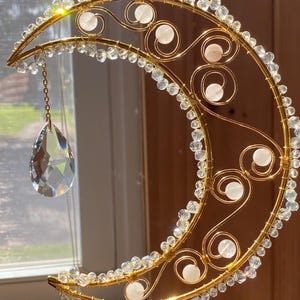 Rose Quartz Suncatcher, Moon Suncatcher, Beaded Suncatcher, Witchy Decor, Rose Quartz Moon, Crystal Moon, Window Hanging Suncatcher