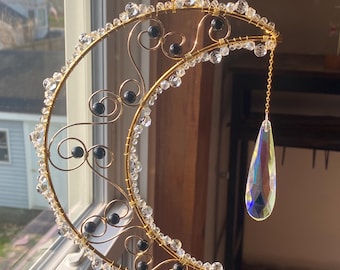 Obsidian Moon Suncatcher: Witchy Crystal Prism Window Decor