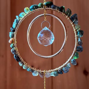 Green Moss Agate and Moth Glass Suncatcher: Beaded Cottagecore Window Decor