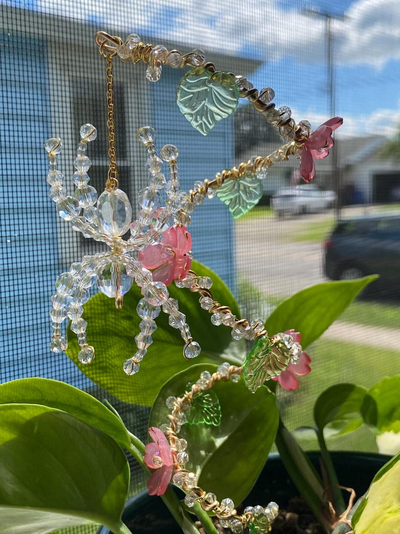 Crystal Beaded Spider Plant Stake Suncatcher: Cherry Blossom Flowers, Indoor Plant Accessory image 9