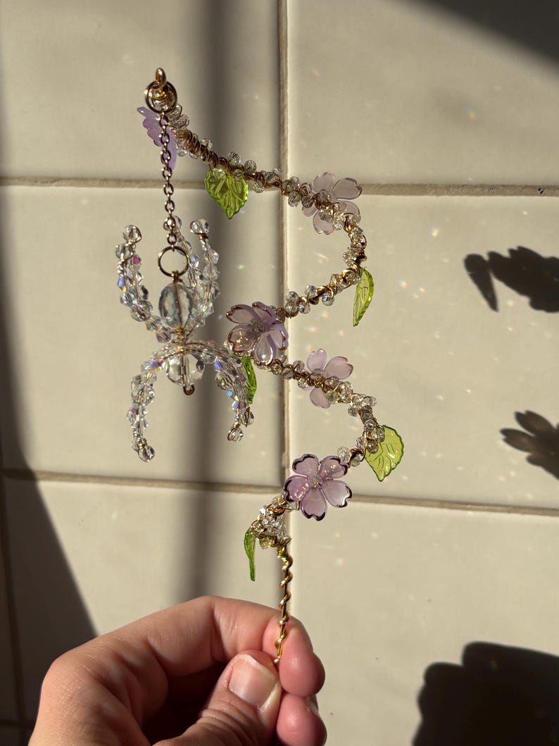 Crystal Beaded Spider Plant Stake Suncatcher: Cherry Blossom Flowers, Indoor Plant Accessory image 10