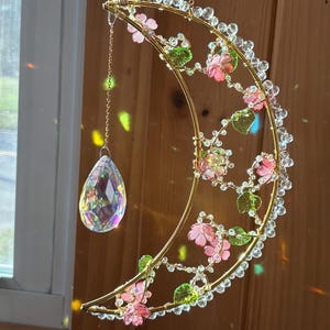 Flower Moon Suncatcher: Beaded Witchy Celestial Decor, Cottage Core, Cherry Blossom Moon