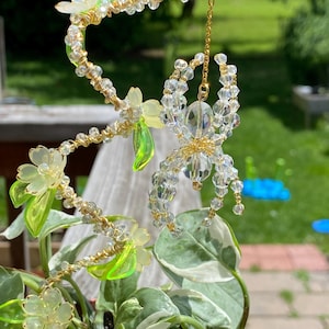 Crystal Beaded Spider Plant Stake Suncatcher: Cherry Blossom Flowers, Indoor Plant Accessory Yellow