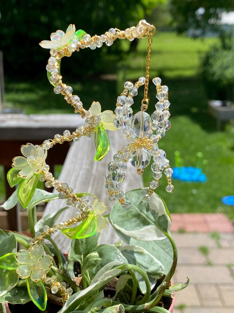 Crystal Beaded Spider Plant Stake Suncatcher: Cherry Blossom Flowers, Indoor Plant Accessory Yellow
