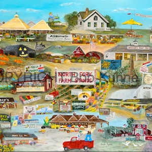 May include: A colorful painting depicting a variety of farm stands and shops in a rural setting. The painting features a red truck, a white farmhouse, a yellow umbrella, and a variety of produce and flowers. The text "North Fork Farm Stands" is prominently displayed in the center of the painting.