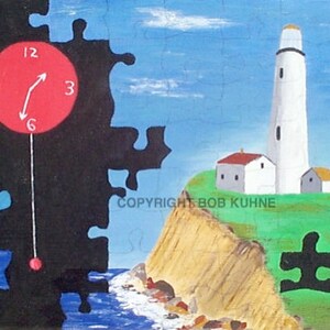 May include: A painting of a lighthouse on a cliff with a clock face and pendulum in the foreground. The clock face is red with black numbers and hands. The lighthouse is white with a black roof and a black door. The cliff is brown with green grass on top. The painting is titled "Copyright Bob Kuhne".