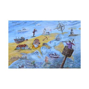 May include: A colorful painting depicting a nautical scene with a lighthouse, a boat, a mermaid, a fisherman, and a compass. The painting is set against a blue sky and a sandy beach. The text "BAIT" is visible on a red roofed building.