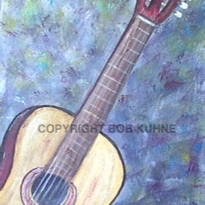 May include: A painting of a brown acoustic guitar with a light brown body and a dark brown neck. The guitar is set against a blue and purple background with a splatter paint effect.