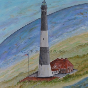 North Fork Artist Bob Kuhne Nautical Seascape &quot;Guiding Light&quot; Historic Fire Island Lighthouse, LI, NY American Flag Ocean Art Painting Print