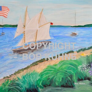 May include: An acrylic painting depicts a sailboat with white sails on blue water. An American flag waves in the breeze. Green foliage and a sandy shore are in the foreground. The text "COPYRIGHT BOB KUHNE" is visible.