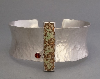 Turquoise and Garnet Statement Cuff Bracelet in Hammered Sterling Silver | Ready to Ship