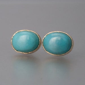 Oval Turquoise and 14k Yellow Gold Stud Earrings, 8x6mm Ready to ship image 3