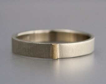 Two Tone Gold Unisex Wedding Band - 3mm-8mm Wide Flat 14k White Gold Wedding Ring with Yellow Gold Bar