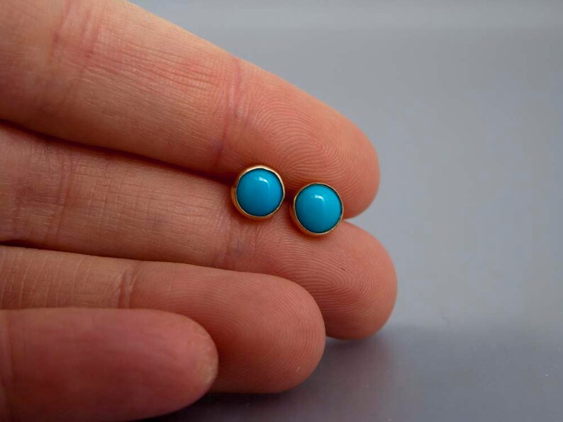 Turquoise Gold Stud Earrings 6mm Solid 14k Gold Bezel Etsy