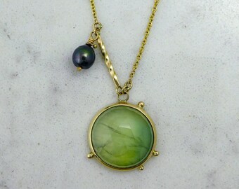 Green Prehnite and Peacock Pearl 14k Yellow Gold Necklace on an 18" 14k Gold Chain