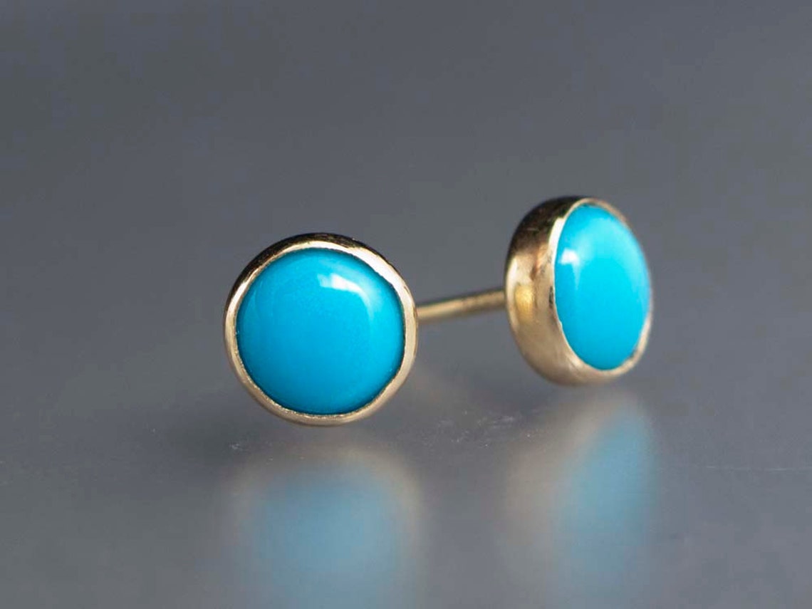 Turquoise Gold Stud Earrings 6mm Solid 14k Gold Bezel Etsy