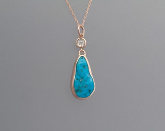 Kingman Turquoise and Rose Cut Diamond Necklace in 14k Rose Gold | Ready to Ship