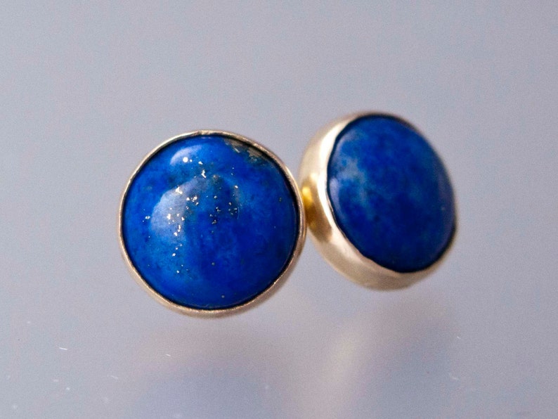 Lapis Lazuli Gold Stud Earrings - 8mm solid 14k gold settings, p Lapis Lazuli Gold Stud Earrings - 8mm solid 14k gold settings, p
