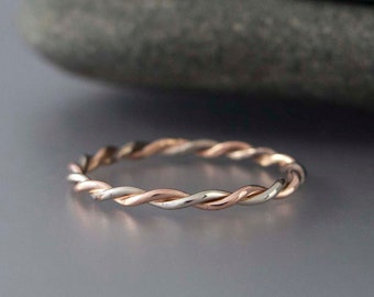 Two Tone White and Rose Gold Twist Ring - Two Tone Mix of solid 14k Rose Gold, White Gold or Yellow Gold - 1.6mm