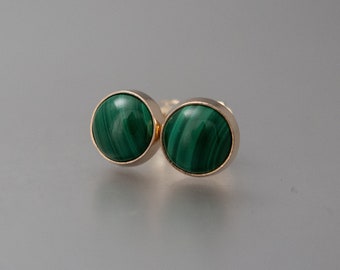 Malachite Gold Studs, 6mm solid 14k gold bezel earrings, ready to ship