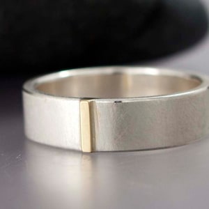 14k Gold and Sterling Silver Unisex Wedding Band | 6mm Wide Flat Two Tone Wedding Ring with Gold Bar for Men or Women