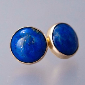 Lapis Lazuli Gold Stud Earrings 8mm solid 14k gold bezels, posts and backs image 1