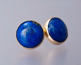 Lapis Lazuli Gold Stud Earrings - 8mm solid 14k gold bezels, posts and backs