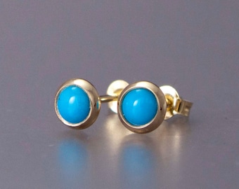 Turquoise Gold Stud Earrings Mini 4mm solid 14k gold round bezel earrings choice of yellow or rose gold