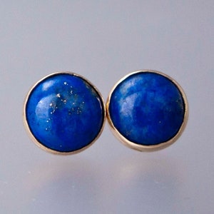 Lapis Lazuli Gold Stud Earrings 8mm solid 14k gold bezels, posts and backs image 3