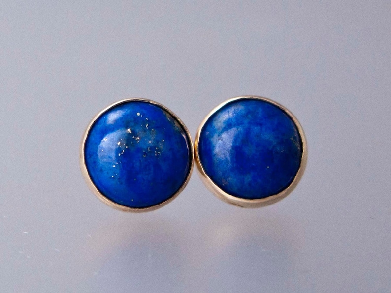 Lapis Lazuli Gold Stud Earrings 8mm solid 14k gold bezels, posts and backs image 3